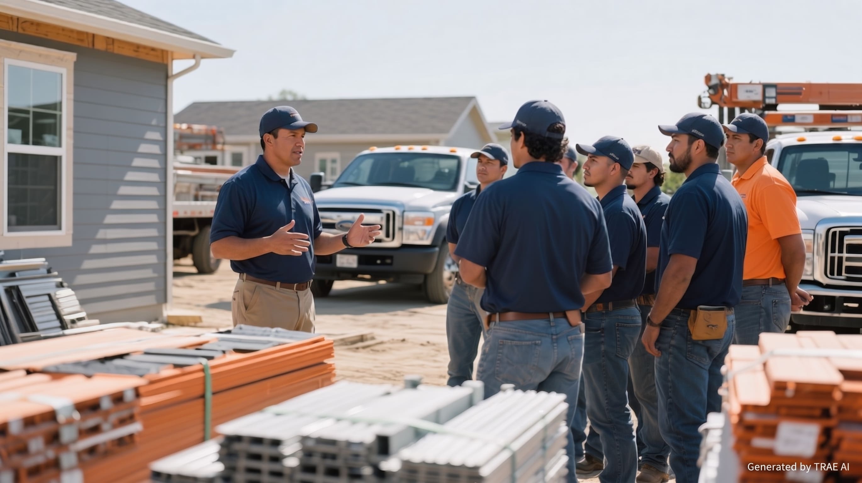 Crew lead briefing a small team before starting work on a clean siding jobsite.